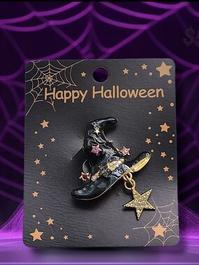 Black Witch's Hat Brooch Pin with Star Charm & Multicolored Crystals